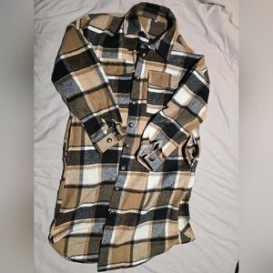 Plaid Button-Up Shacket in Tan and Black